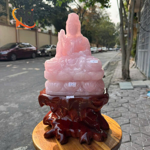 Tượng Quan Âm Thạch Anh Hồng Cao 36cm