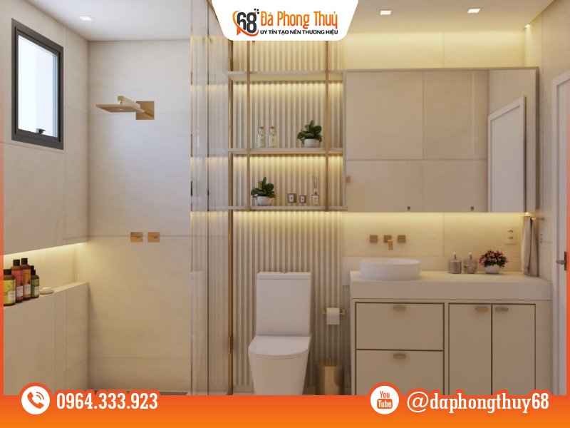 Cách bố trí đá trong toilet - Kết hợp ánh sáng vàng