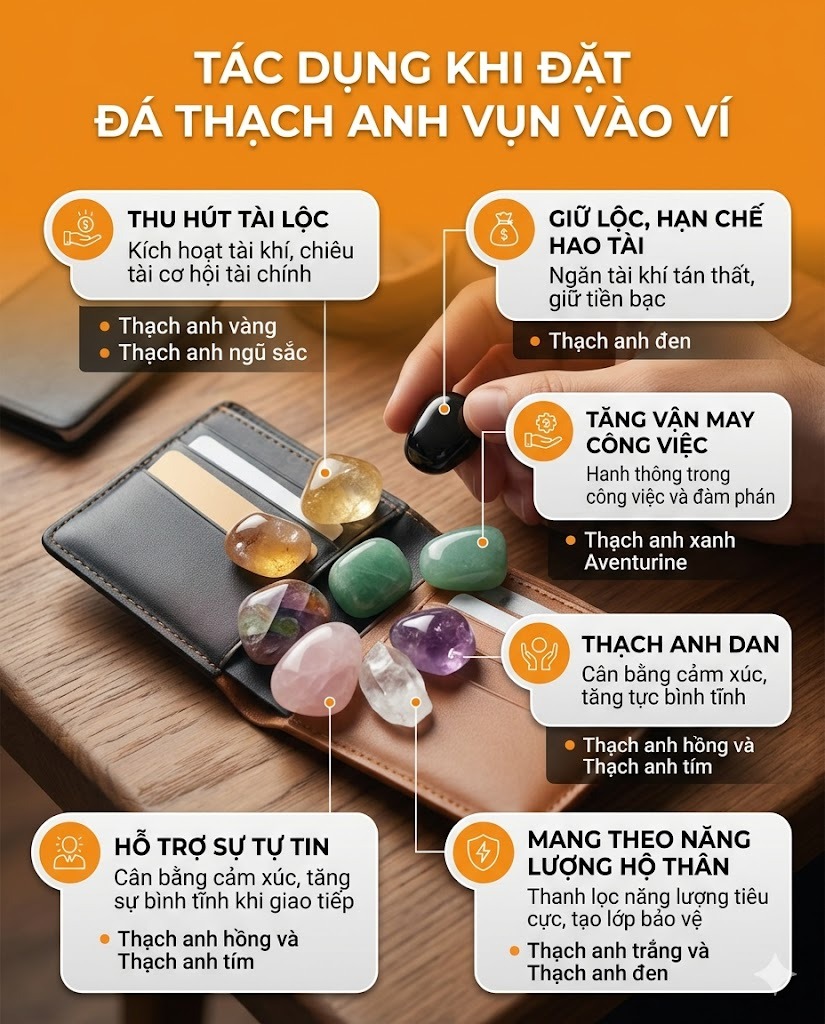 Đặt đá thạch anh vụn vào ví có tác dụng gì? Đặt đá thạch anh vụn vào ví có tác dụng gì?