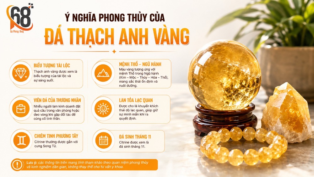 Ý nghĩa phong thủy của đá thạch anh vàng