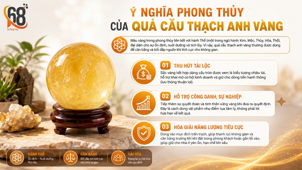 Ý nghĩa phong thủy của quả cầu thạch anh vàng