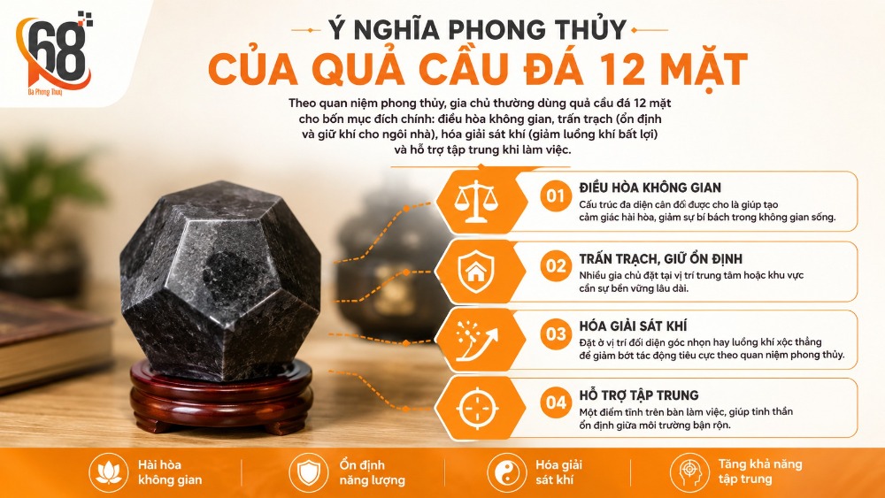 Ý nghĩa phong thủy của quả cầu đá 12 mặt