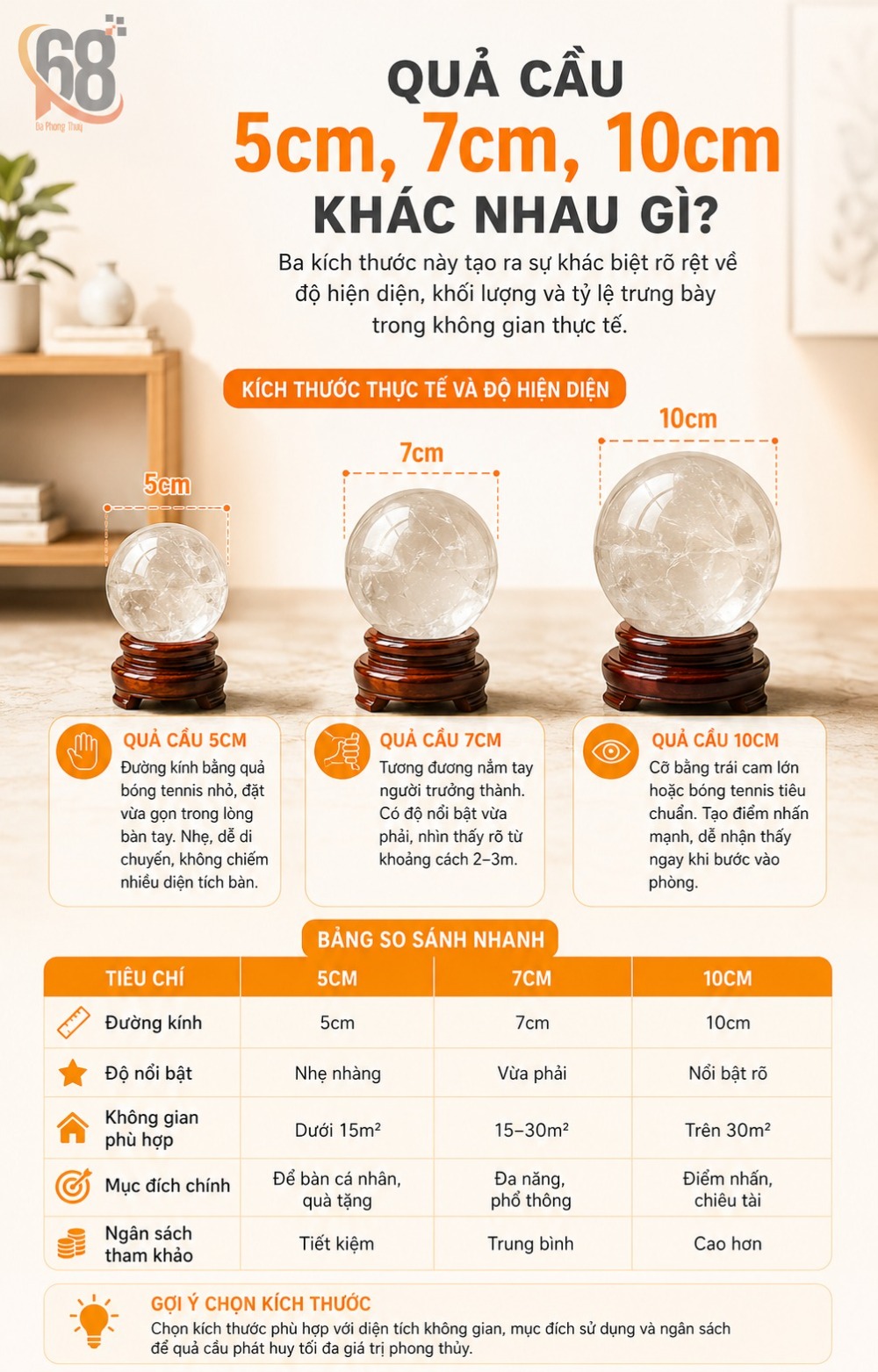 Quả cầu 5cm, 7cm, 10cm khác nhau gì?