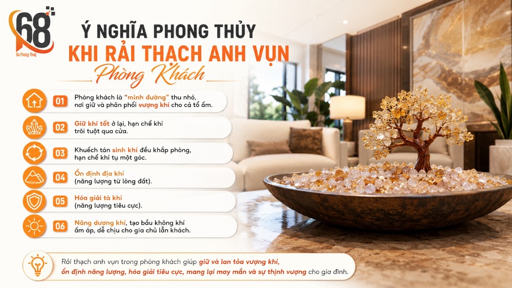 Ý nghĩa phong thủy khi rải thạch anh vụn phòng khách