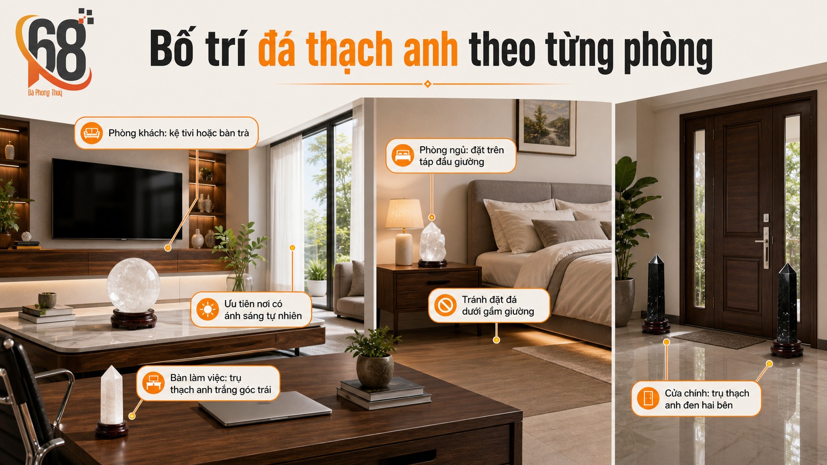 Bố trí đá thạch anh theo từng phòng