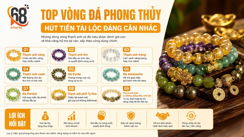 Top vòng đá phong thủy hút tiền tài lộc đáng cân nhắc