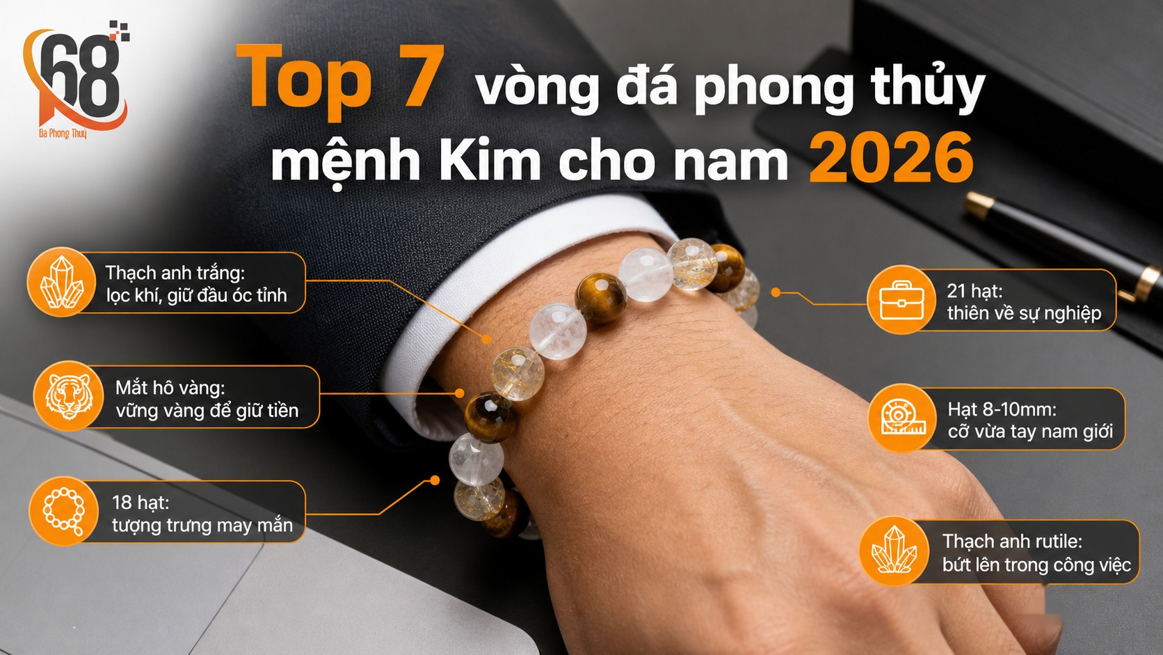 Top 7 vòng đá phong thủy mệnh Kim cho nam năm 2026