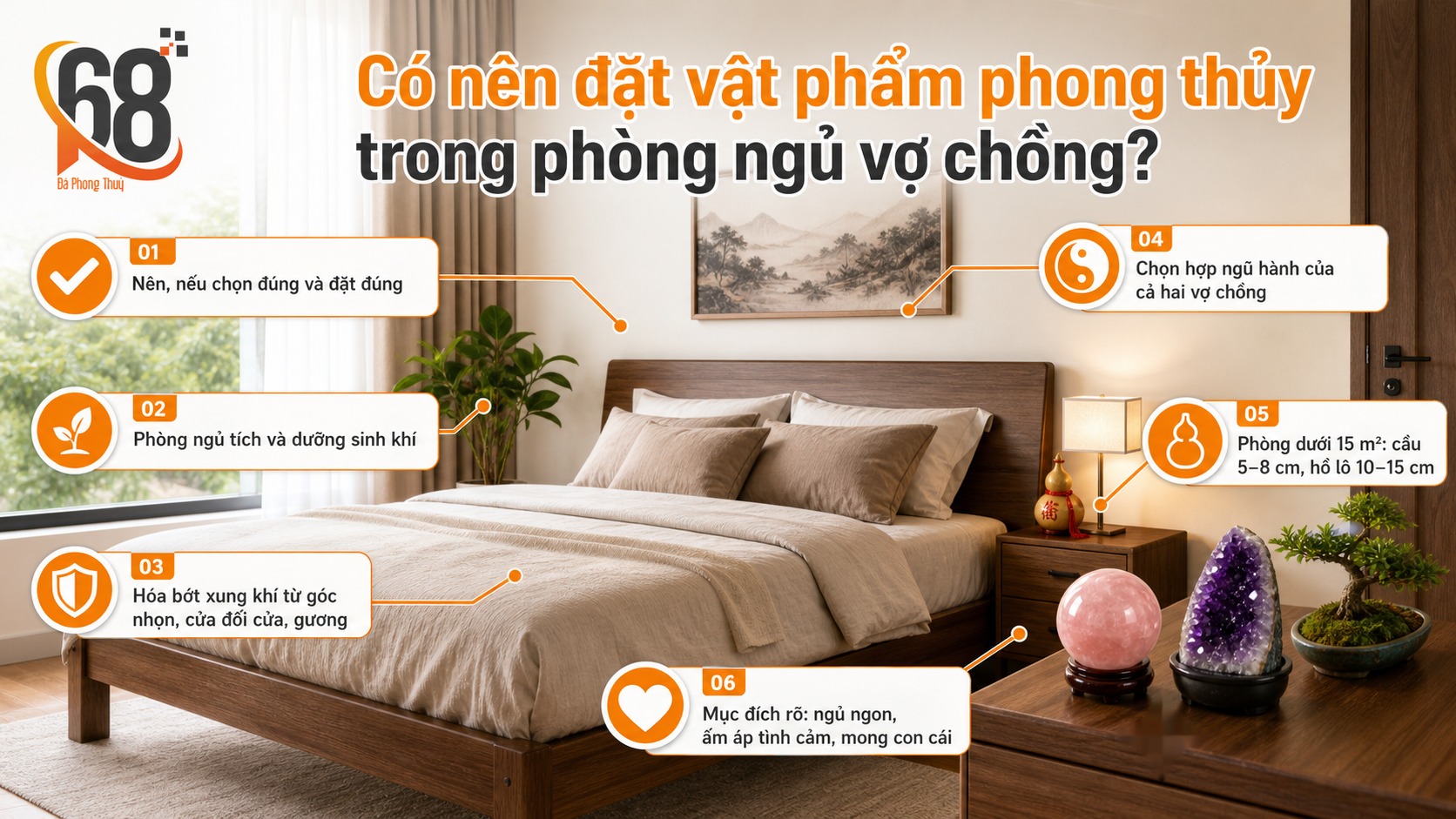 Phòng ngủ vợ chồng có nên đặt vật phẩm phong thủy không? Phòng ngủ vợ chồng có nên đặt vật phẩm phong thủy không?
